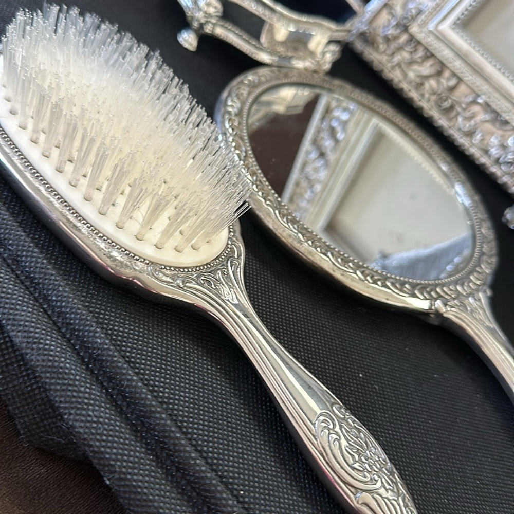 Vintage Silver Vanity Set Ornate Mirror, Brush, Trinket Box with Victorian Charm - Picture 14 of 16